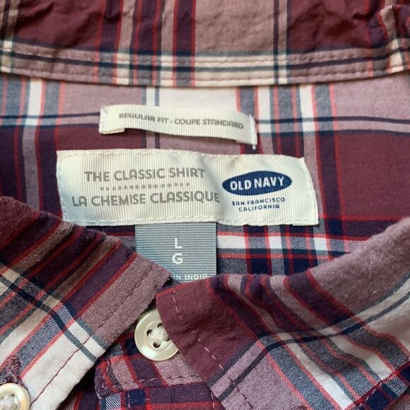 Old navy classic fit button up long sleeve shirt sz L red, purple, navy plaid - Picture 6 of 11